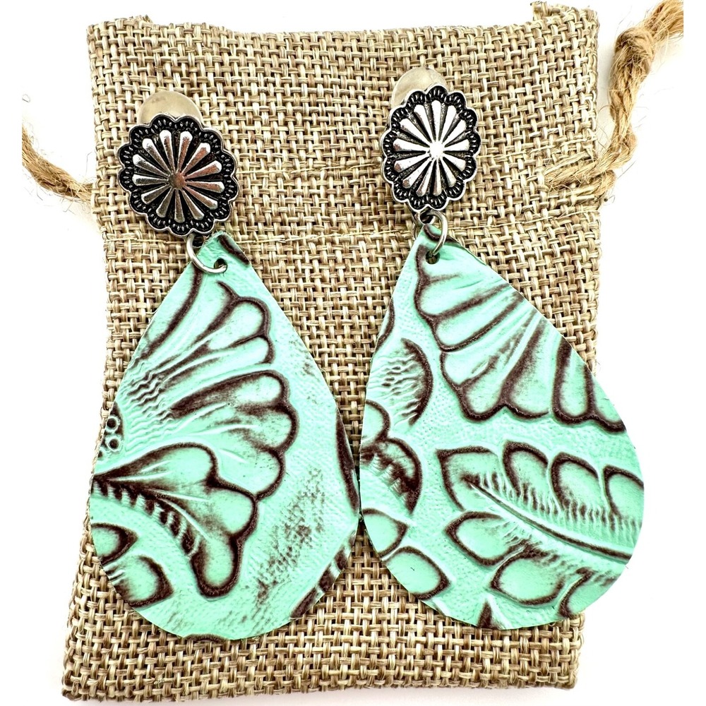 Embossed Turquoise Vegan Leather Teardrop Earrings on Silver Starburst Studs
